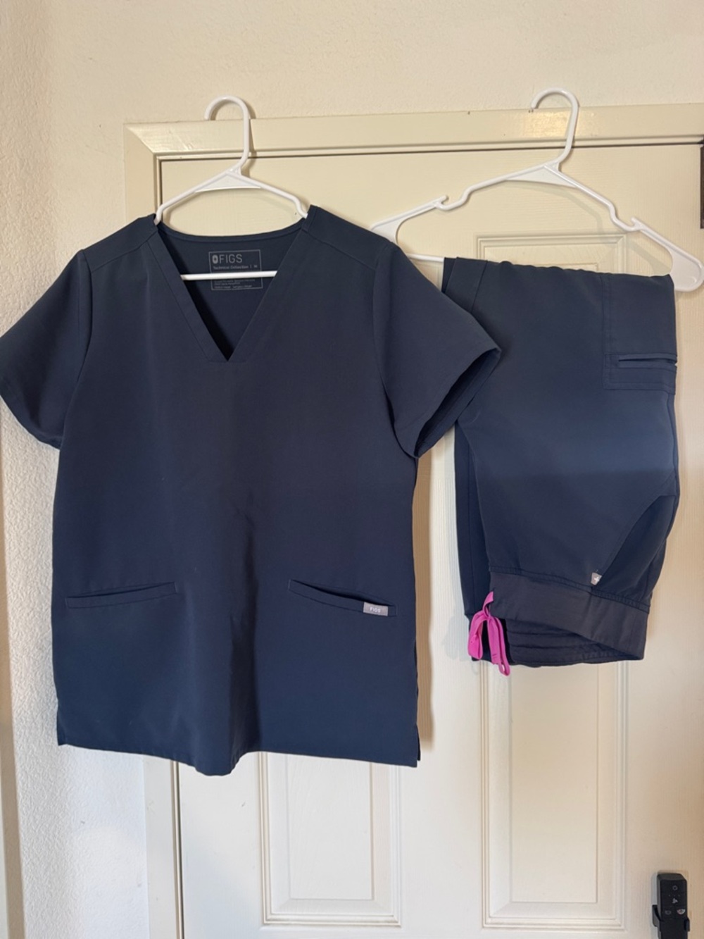 Figs Navy Scrub Set with Pink Drawstring
